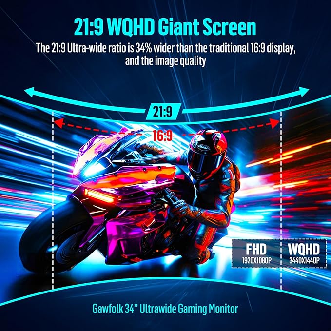 Gawfolk 34 Inch Ultrawide Curved Gaming Monitor 1500R PC Screen UWQHD 3440x1440 165hz Curved Computer Screen with FreeSync Multi-Directional Adjustable Base
