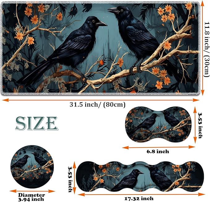 Large Gaming Mouse Pad + Keyboard Wrist Rest + Wrist Support + Coaster Set Memory Foam Ergonomic for Easy Typing XXL Extended Gaming Mouse Pad Table Pad - Branch Crow
