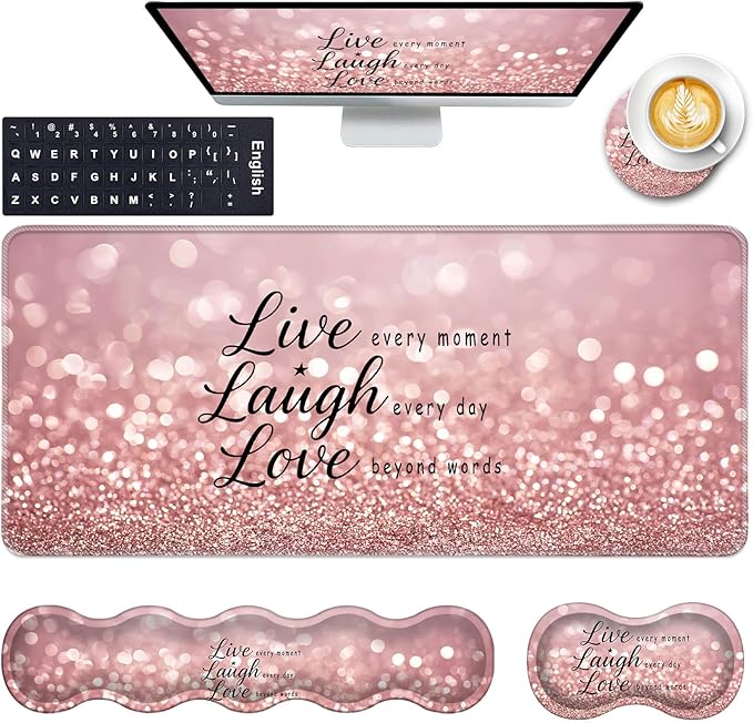 Keyboard Wrist Rest and Mouse Pad with Wrist Support Set Ergonomic CoasterMemory FoamEasy Typing Pain ReliefLarge XL Desk Mat 31.5x 11.8Rose Gold Glitter Quote Live Laugh Love