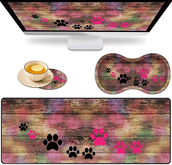 Large Game Mouse Pad + Wrist Support Pad + Coffee Coaster Rustic Rainbow Woodgrain Dog Paw Foldable Table Mat with Stitched Edge Non-Slip Set Pad Suitable for Office Work and Home