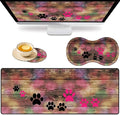 Large Game Mouse Pad + Wrist Support Pad + Coffee Coaster Rustic Rainbow Woodgrain Dog Paw Foldable Table Mat with Stitched Edge Non-Slip Set Pad Suitable for Office Work and Home
