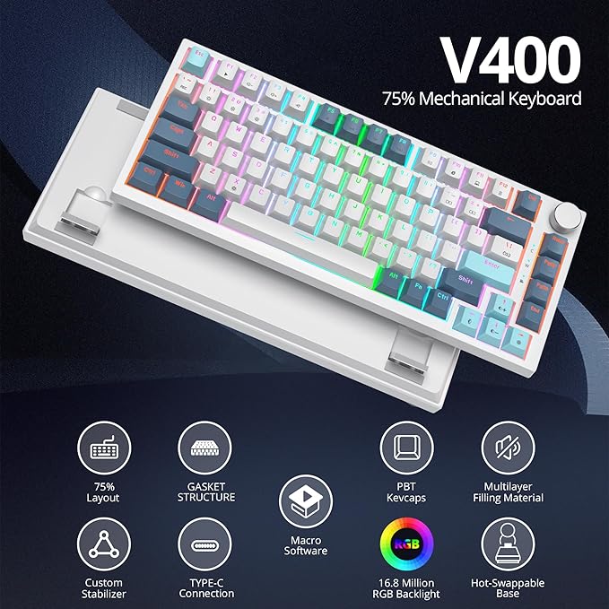 75% TKL Wired Mechanical KeyboardRGB Backlit Gasket Mount 82 Key Hot Swappable Custom Linear Red Switch Gaming Keyboard with Volume Knob &amp PBT Keycaps (82 Shoko)
