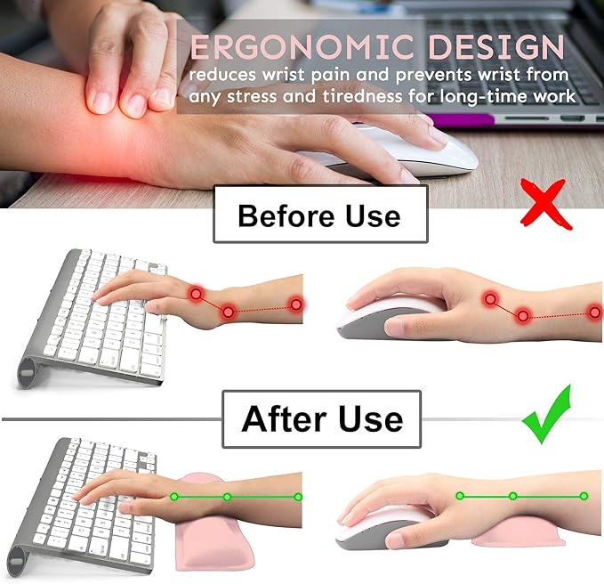 iFine Upgrade Cleanable PU Leather Keyboard Wrist Rest Pad &amp Mouse Wrist Cushion Support for School Office Home Computer Laptop Mac Durable Waterproof Lightweight Pain Relief Typing (Pink 2 Sets)