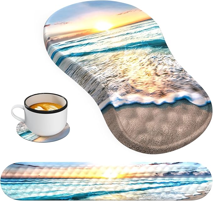 HAOCOO Ergonomic Mouse Pad with Wrist Rest and Keyboard Wrist Rest Pad Wrist Rest for Computer Keyboard and Mouse Pad Cushion Set Typing Mousepad with Wrist Support for Office Laptop Beach
