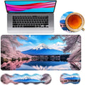 Large Mouse Pad and Keyboard Wrist Rest Desk Pad for Keyboard and Mouse 4-in-1 Large Gaming Mouse Pad with Wrist Support Desk Mat for Home Office Study GameCherry Blossoms in The Lake