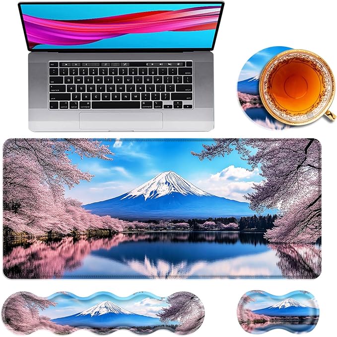 Large Mouse Pad and Keyboard Wrist Rest Desk Pad for Keyboard and Mouse 4-in-1 Large Gaming Mouse Pad with Wrist Support Desk Mat for Home Office Study GameCherry Blossoms in The Lake