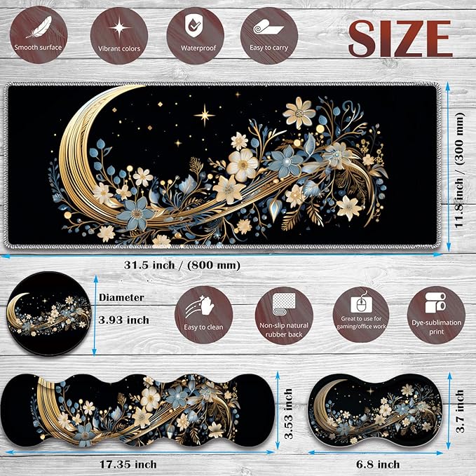 Gaming Mouse Pad Set Large Gaming Mouse Pad+Keyboard Wrist Rest+Mouse Wrist Rest+Coaster Easy Typing Pain Relief 31.5 × 11.8 inch Desk Mat for Home Office - Moon Floral Flower
