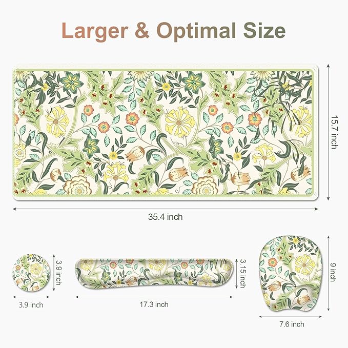 4 in 1 Large Mouse Pad Keyboard Wrist Rest Set Ergonomic Mouse Pad with Wrist Support Desk Mat with Stitched Edges Extended Desk Pad Waterproof Desk Mat for Home Office Game I Green Flower Plants