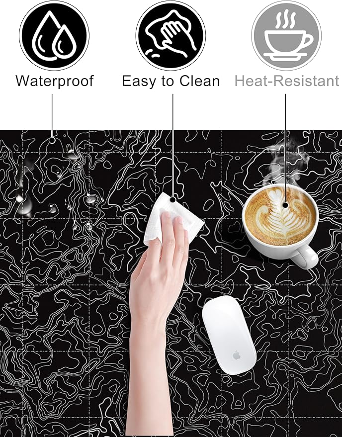 TopMade Mouse Pad with 15W Fast Wireless Charging 31.5x15.75 XXL Large Gaming Waterproof Desk Pad with Ultra-Smooth Surface Non-Slip Base Computer Desk Mat Black Topographic Map #3