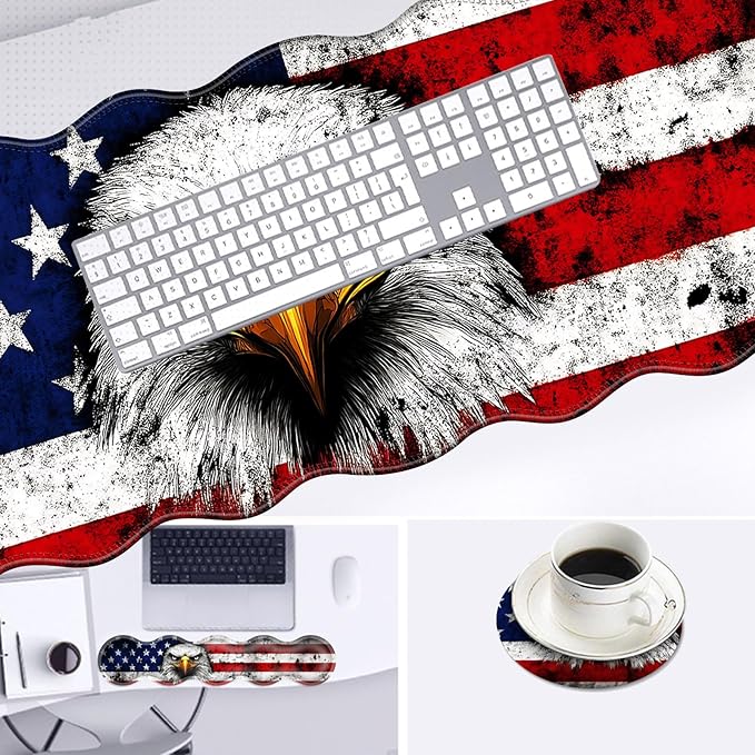 Large Mouse Pad and Keyboard Wrist Rest Desk Pad for Keyboard and Mouse 4-in-1 Large Gaming Mouse Pad with Wrist Support Desk Mat for Home Office Study Game-Bald Eagle American Flag