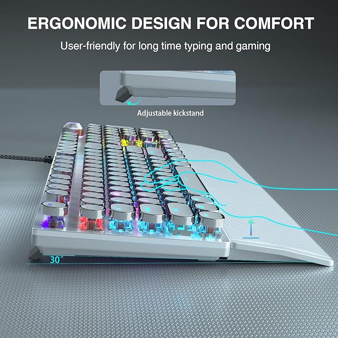 AULA F2088 Typewriter Style Mechanical Gaming KeyboardRainbow LED BacklitRemovable Wrist RestMedia Control KnobRetro Punk Round KeycapsUSB Wired Computer KeyboardWhite (Renewed)