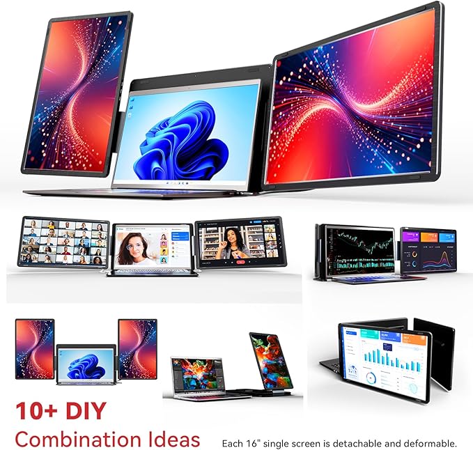 LXU Laptop Screen Extender 16 1200P FHD Laptop Monitor Extender 16:10 Triple Monitors for Laptops 12~18.5 Inch Detachable Portable Monitor for Laptops Plug n Play for Wins/Mac(NOT M1 M2 M3)