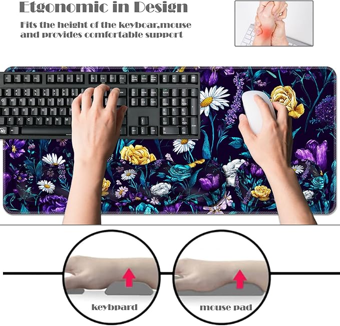 Ergonomic Keyboard Wrist Rest &amp Mouse Pad Wrist Rest SetXL Gaming Desk Mat 31.5x 11.8Non-Slip BaseMemory FoamEasy Typing Pain Relief for Office &amp HomePurple Floral Bouquet