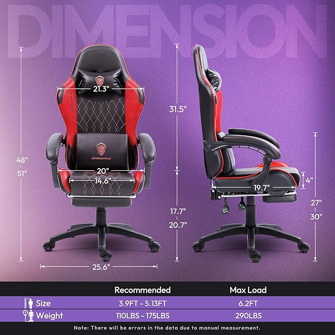 Dowinx Gaming Chair with Massage Lumbar Support and Footrest Video Game Chair for Adults Adjustable Ergonomic Gamer Chairs High Back with Pocket Spring Cushion Swivel Recliner Black and Red