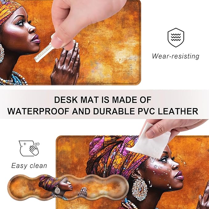 Mouse PadLarge Desk Mat Set 4in1 XL Mousepad + Keyboard Wrist Rest+Mouse Wrist Rest+Coaster with Ergonomic Desk Pad for Home Office Table Computer Cover -African Woman in Prayer Art