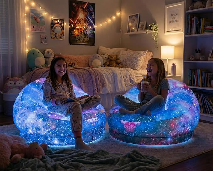Air Candy Galaxy LED Illuminated Inflatable Chair – Light-Up Gaming Lounge Seat with Multicolor LEDs Waterproof PVC Portable Indoor Outdoor Seating
