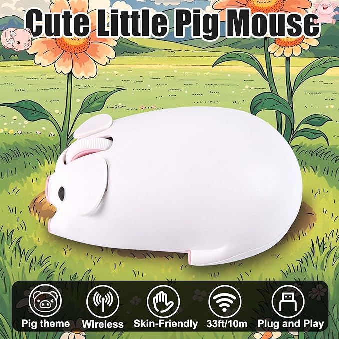 Wireless Bluetooth Mouse Cute Animal Pig Shape Dual Mode Kawaii Silent Portable Lightweight 3-Button 1200DPI Wireless Mouse Battery Powered Gift for Kids Boys Girls for PC Laptops Tablets (White)