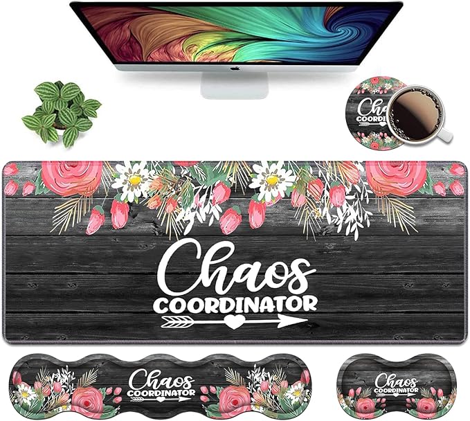 Ergonomic Keyboard Wrist Rest &amp Mouse Pad Wrist Rest SetLarge XXL Gaming Desk Mat 31.5x 11.8Non-Slip BaseMemory FoamEasy Typing Pain Relief Chaos Coordinator Quotes Colored Floral Wreath Pr