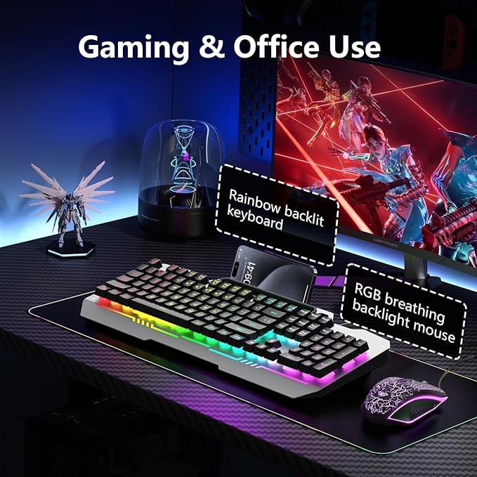 AULA Keyboard T102 104 Keys Gaming Keyboard and Mouse Combo with RGB Backlit Number Pad All-Metal Panel Waterproof Light Up PC KeyboardUSB Wired Computer Keyboards Gaming for Win XP/7/8/10 PC Gamer