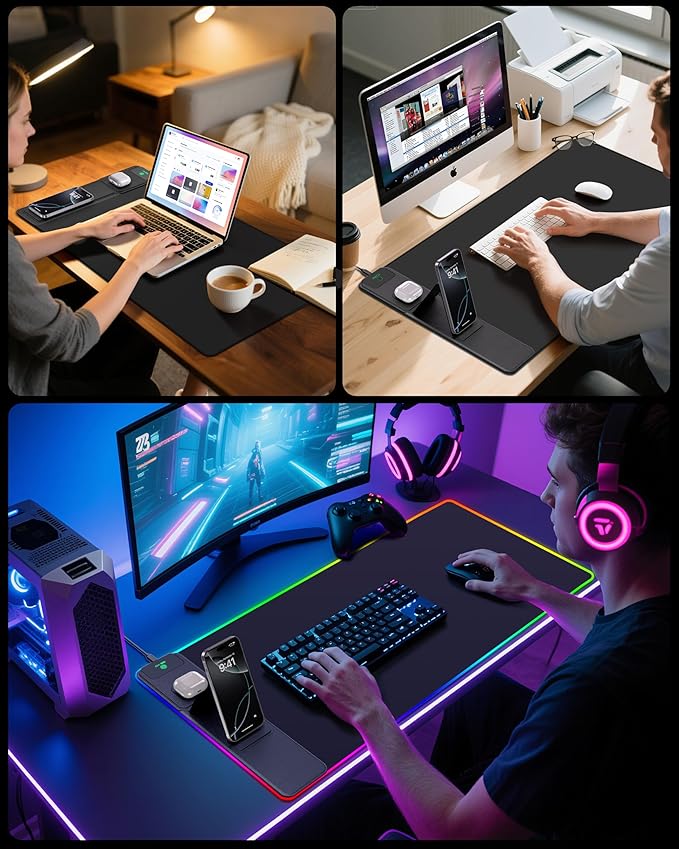 4-in-1 RGB Gaming Mouse Pad with Wireless Charging &amp Phone Stand 31.5x15.8 Large 24 Light Effects Non-Slip Base Waterproof Ultra-Smooth Surface with Adatper