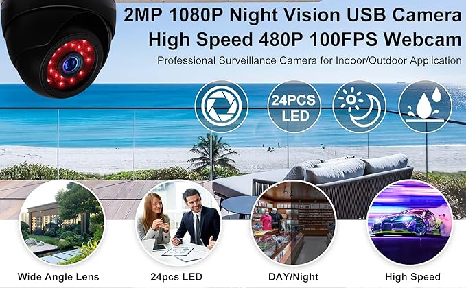 ELP 3.6mm 1080P Dome Camera with IR LED Night Vision HD Webcam Infrared PC Camera with Metal Case Waterproof Outdoor USB Security Camera CCTV Home Surveillance System 30/60/120fps Auto IR Camera