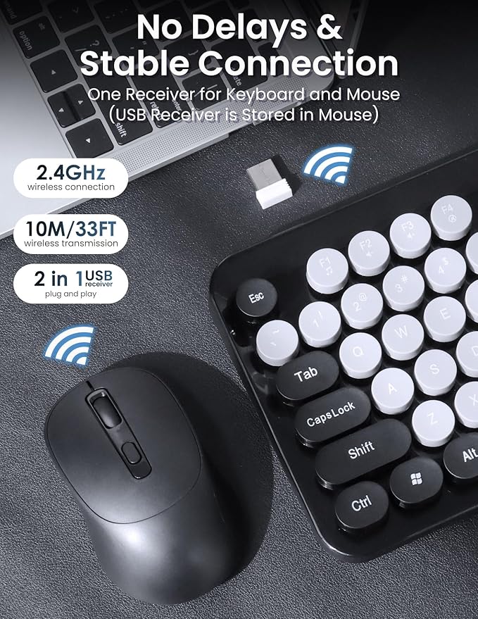 Wireless Keyboard and Mouse Combo 104 Round Keys Colorful Full Size Keyboard and Mouse with 2.4GHz USB Receiver for PC/Laptop/Tablet/Computer/Windows Black
