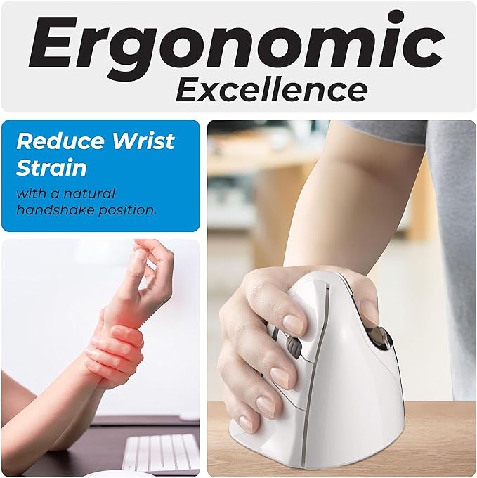 Evoluent – Inventor of The Vertical Mouse – VM4RB Ergonomic Vertical Mouse White Bluetooth for Mac Right Hand Med to Large Sculpted for Comfort Reduces Wrist Strain 4 Speeds Plug-N-Play