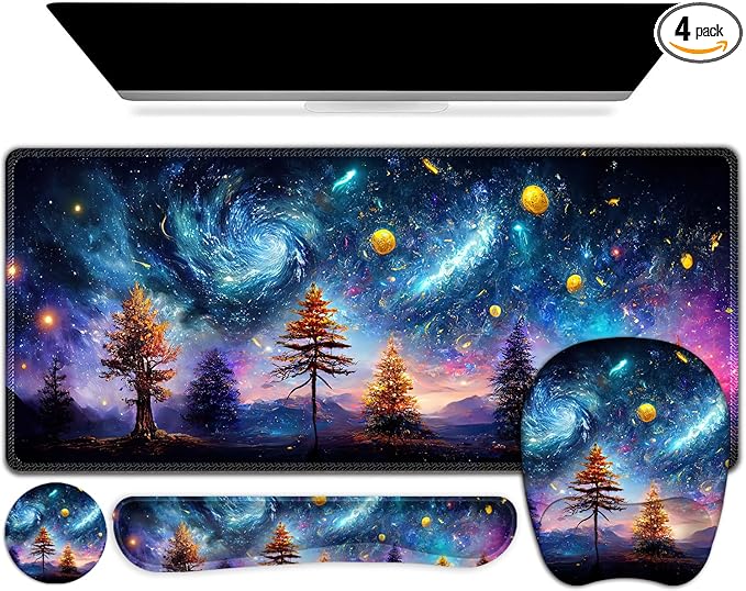 4 in 1 Large Mouse Pad Keyboard Wrist Rest Set Ergonomic Non-slip Waterproof Colorful World