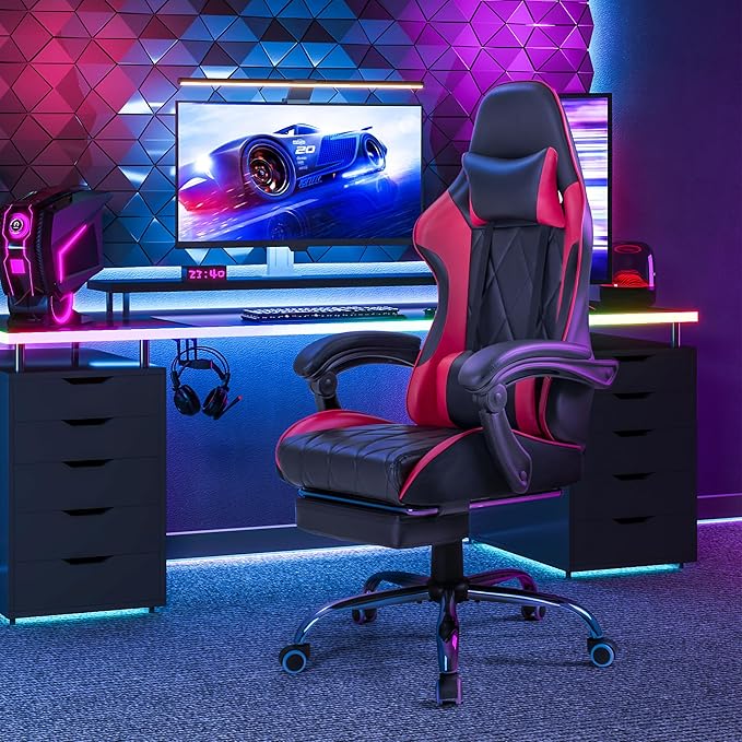 Homall Gaming Chair Computer Chair with Footrest and Massage Lumbar Support Ergonomic High Back Video Game Chair with Swivel Seat and Headrest (Red)