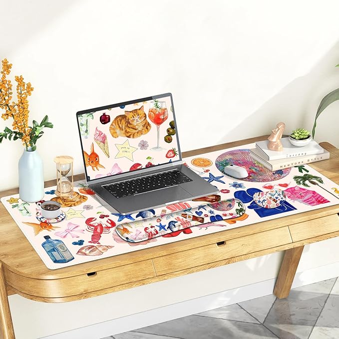 Large Gaming Mouse Pad Set 4 in 1 Ergonomics Keyboard Desk Mat with Memory Foam Wrist Rest Computer Extended Game Mousepad Non-Slip Desk Matt Easy Typing Pain Relief I Colorful Stickers