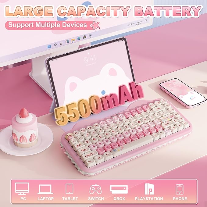 YUNZII C75 Wireless Mechanical Keyboard75% Layout Hot-Swappable NKROBT5.0/2.4G/USB-C ModeDye-Sub PBT MOA KeycapsRGB Gasket MountCute Cake Design for Mac/Win/Gaming (Pink Milk V2 Switch)