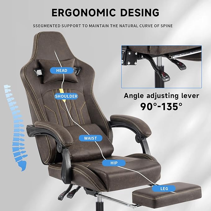 Brown Gaming Chairs with Footrest PVC Leather Video Game Chair for Adults Ergonomic Gaming Chair with Headrest &amp Lumbar Support Reclining Gamer Chairs with Adjustable Backrest (Brown)