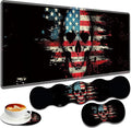 Large Gaming Mouse Pad + Keyboard Wrist Rest + Wrist Support + Coaster Set Memory Foam Ergonomic for Easy Typing XXL Extended Gaming Mouse Pad Table Pad - American Flag Skull