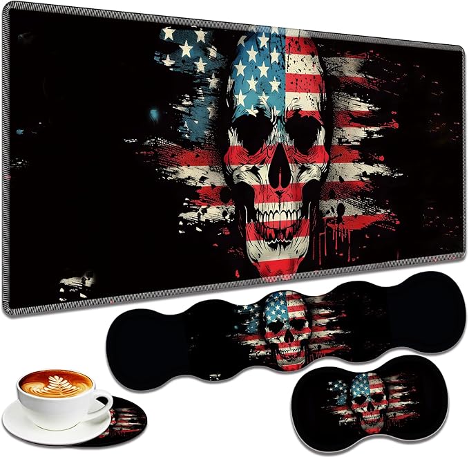 Large Gaming Mouse Pad + Keyboard Wrist Rest + Wrist Support + Coaster Set Memory Foam Ergonomic for Easy Typing XXL Extended Gaming Mouse Pad Table Pad - American Flag Skull