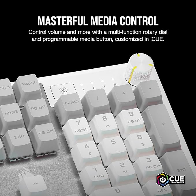 Corsair K70 CORE SE RGB Mechanical Wired Gaming Keyboard with Palmrest – Pre-Lubed MLX Red Linear Switches SOCD PBT Dye-sub Keycaps Sound Dampening Media Control Dial QWERTY NA – White