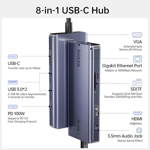 10-in-1 USB C Hub Multiport Adapter 4K60Hz HDMI &amp VGA 100W PD Charging Gigabit Ethernet USB 3.0 SD/TF Card Reader 3.5mm Audio for MacBook iPad Dell HP and More Type C Laptops