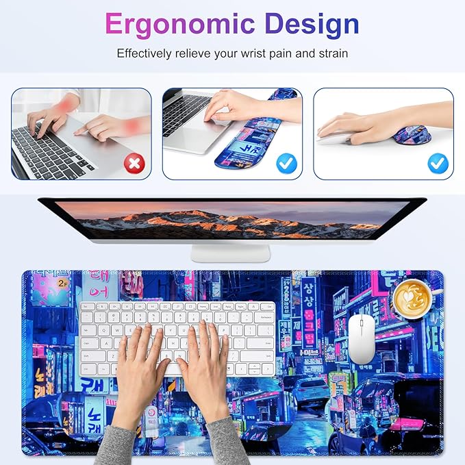 Large Gaming Mouse Pad Set 4 in 1 Extended Keyboard Desk Mat with Wrist Rest Computer Game Mousepad Non-Slip Desk Pad Protector Easy Typing Pain Relief for Home Office I Anime Neon Street
