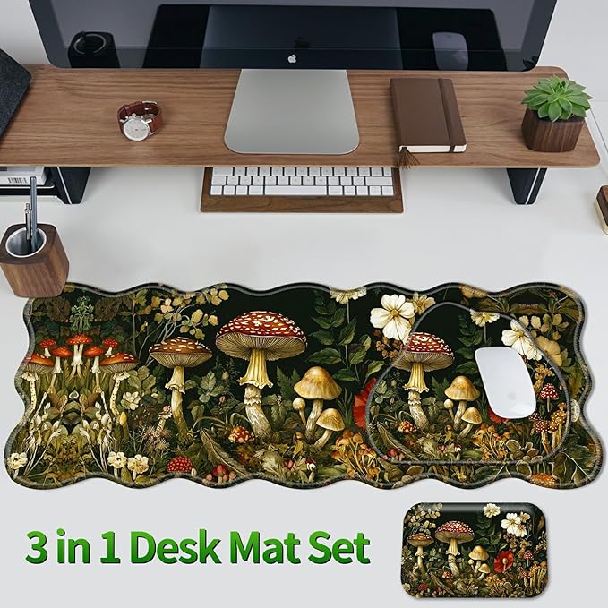3-Piece Ergonomic Desk Mat &amp Cloud Wrist Rest Set Large 31.5 x 11.8 Wave Office Desk Pad with Memory Foam Support Non-Slip Computer Protector for Home Gaming &amp Writing Mushroom Flower
