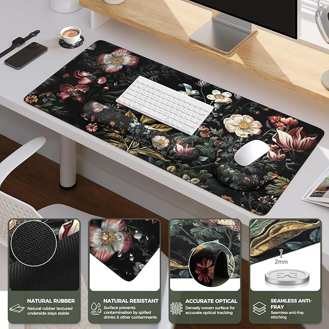 iCasso Desk Cover Mat 4in1 Floral Large Mouse Pad with Wrist Rest Desk Matt for Desktop Anti-Slip XXL Big Computer Ergonomic Mousepad with Wrist Support for Keyboard and Mouse (Elegant Flowers)