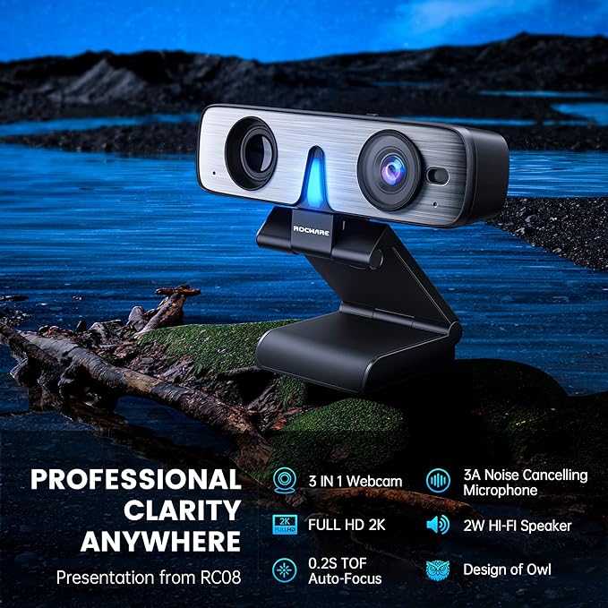 ROCWARE RC08 2K Webcam with Speaker Webcam for PC HD Web Cam with Noise Reduction Mic/Harman Speaker/4X Eptz/Privacy Cover/0.2S Auto-Focus/Low Illumination Computer Camera for Zoom/Teams/Meeting