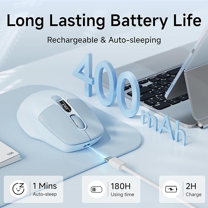 EWEADN Q1 Wireless Mouse BT &amp 2.4G Silent Mouse Quiet Click with 1600 DPI Levels Battery &amp DPI LED Screen Display 6 Button Small Portable Bluetooth Mouse for Laptop/PC/Mac-Blue
