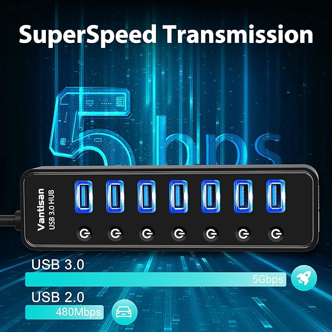 USB Hub 3.0 Powered 7 Ports USB Data Hub Splitter with One Smart Charging Port and 5V/4A Powered Adapter and ON/Off Switches for MacBook Mac Pro/Mini iMac Surface Pro Laptop/PC
