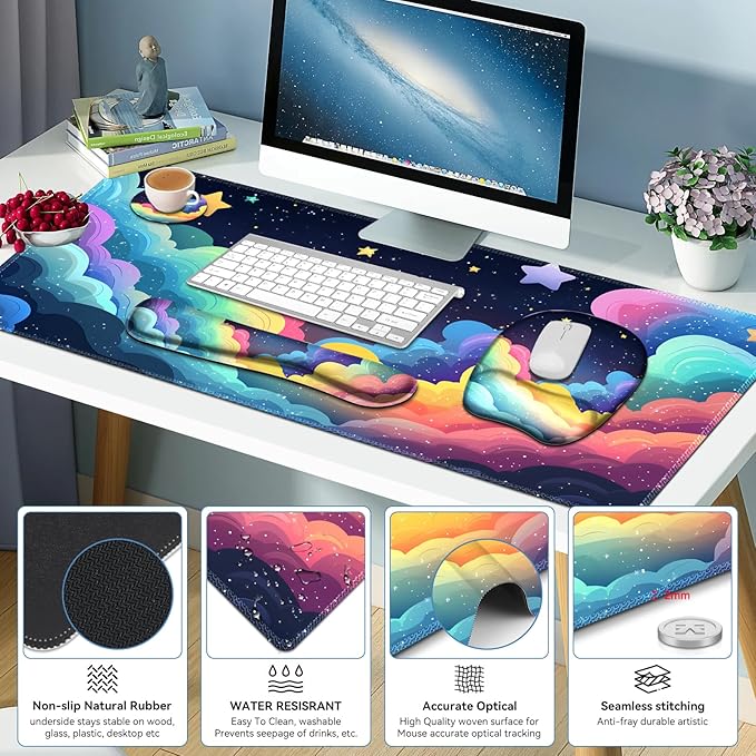 Mouse Pad with Wrist Support 4 in1 Set XXL Big Game Mousepad + Keyboard Wrist Rest + Mouse Wrist Rest Pad +Coaster Gaming Mat for Home Office Work Computer Laptop I Colorful Clouds Starry Night