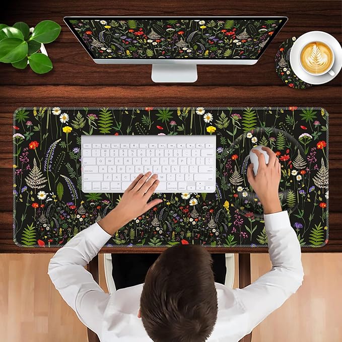 Mouse PadLarge Pink Desk Mat 4in1 XXL Mousepad + Keyboard Wrist Rest+Mouse Wrist Rest+Coaster Set with Ergonomic Desk Pad for Home Office Table Computer-Cute Flowers
