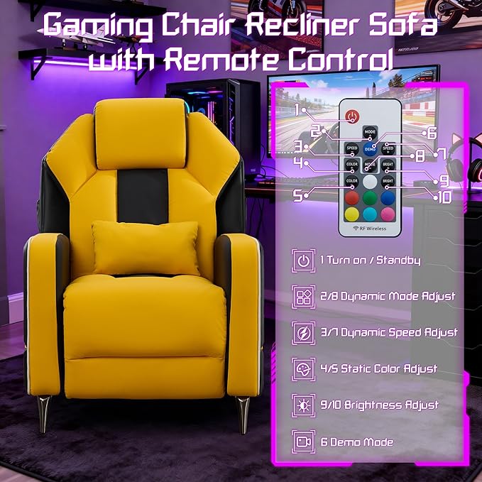 Gaming Recliner Chair with LED Lights Racing Style PU Leather Gaming Recliner for Adults Ergonomic Push-Back Recliner with Lumbar Pillow Home Theater Seating with Side Pockets Yellow