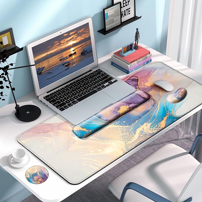 Keyboard Wrist Rest + Mouse Pad with Wrist Support + Desk Mat + Coaster 4 in 1 Set XXL Large Gaming Mousepad Cute Ergonomic Mouse Pads for Desk Computer Laptop Office Decor-Blue Marble