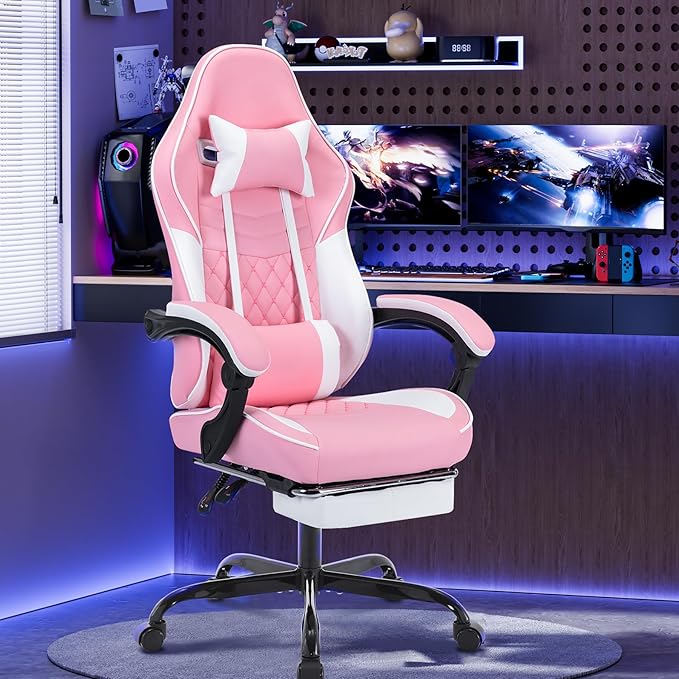 Gaming Chair with Footrest High Back Ergonomic Computer Chair Height Adjustable Game Chair with Headrest and Lumbar Support for Office or Gaming (Pink with Massage)