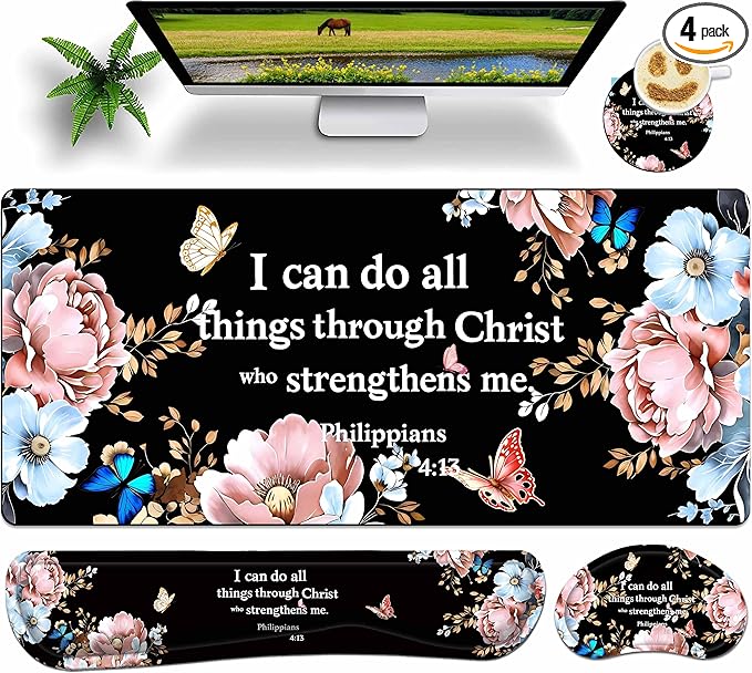 Extended Large Mouse Pad Set 31.5 x 15.7 – Christian Floral All-in-One Desk Set with Keyboard Wrist Rest Mouse Wrist Rest &amp Coaster Ergonomic Desk Accessories for Women Faith-Inspired Office Gi