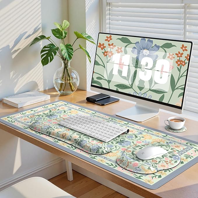 iCasso Desk Cover Mat Gaming Mouse Pad Wrist Support Set4in1 XXL Large Mousepad + Keyboard Wrist Rest+Mouse Wrist Rest+Coaster Set with Ergonomic Design for Home Office Table Computer(Green Flowers)