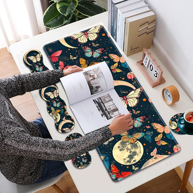 Large XXL Gaming Desk Mat 31.5x 11.8 Ergonomic Keyboard Wrist Rest &amp Mouse Pad Wrist Rest + Coaster Set Non-Slip Base Memory Foam Office and Home Moon Butterfly